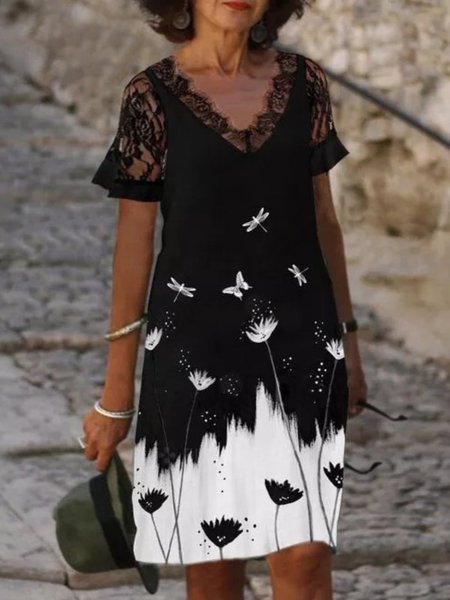 

Maniche Corte Scollo a V taglia grande Stampato Abito, Nero, Linen & Cotton Dresses