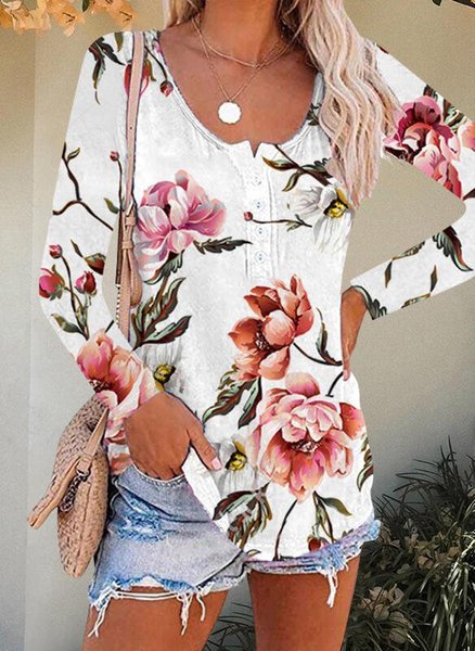 

Crew Neck Floral Cotton-Blend Long Sleeve Shirts & Tops, White, Long sleeve tops