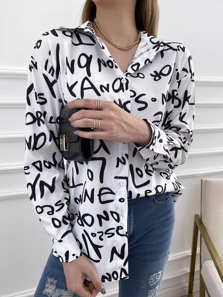 

Long Sleeve Casual Letter Shift Top, White, Blouses and Shirts