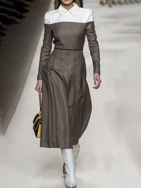 

Long Sleeve Shirt Collar Maxi Dress, As picture, Midi Dresses