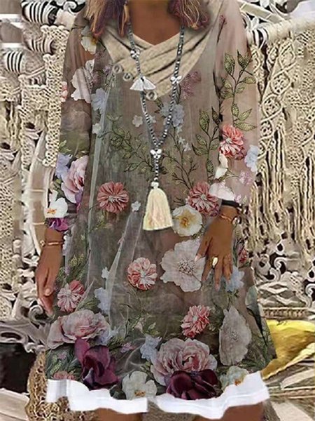 

Vintage Stampata Floreale Maniche Lunghe Collo ad anello taglia grande Gonna Casuale, Cachi, Midi Dresses