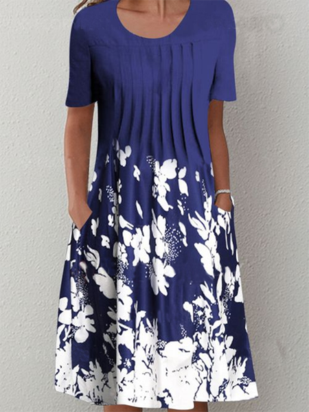 

Stampato Girocollo Maniche Corte Gonna Casuale, Blu scuro, Midi Dresses