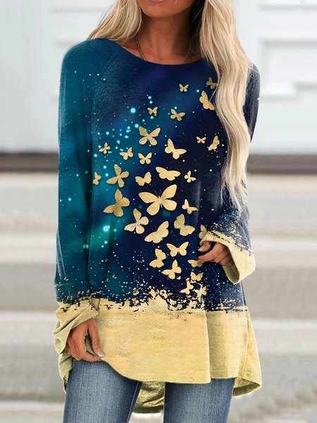 

Blu Lungo Farfalla Stampato Manica Vacanza Casuale Girocollo Dritto Top, T-Shirts