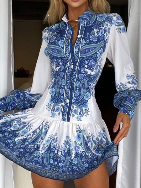 

A-line Scollo a V Tribale Abito, Blu, Midi Dresses