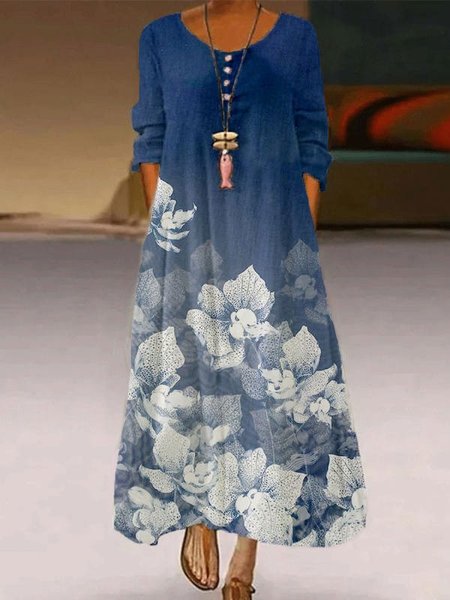 

Abito Scollo a Barchetta A-line Maniche Lunghe Cotone, Blu, Dresses