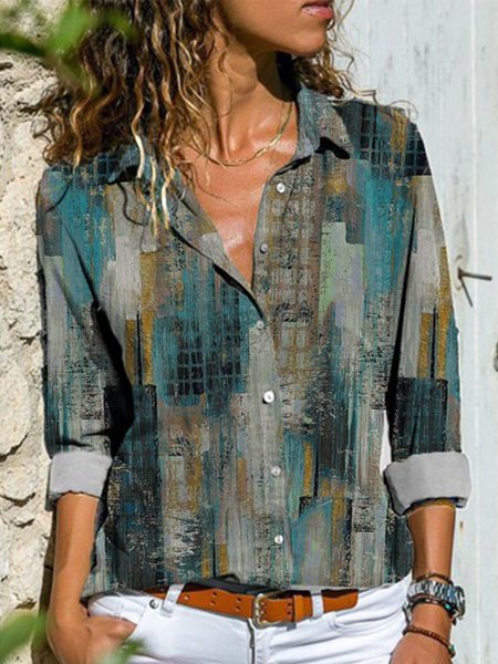 

Vintage Geometrico Arte Stampato Abbottonato Maniche Lunghe Casuale Camicie Top, Multicolore, Blouses & Shirts