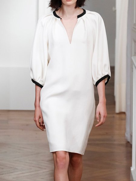 

3/4 Sleeve Solid Cocoon V Neck Daily Mini Dress, White, Mini Dresses