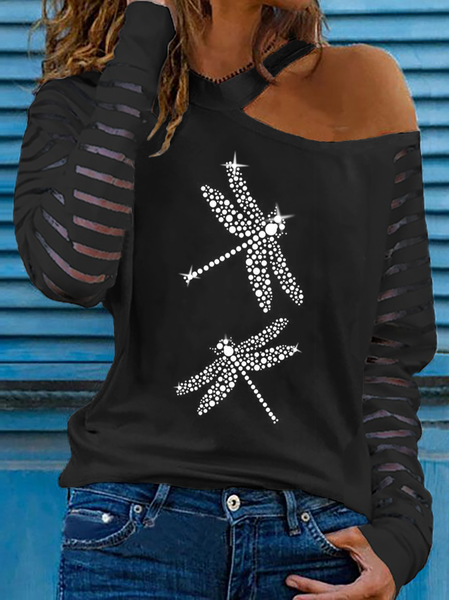 

Plus size Cold Shoulder Hotfix Rhinestone Shirts & Tops, Black, Blouses & Shirts