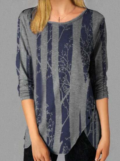 

Women Printed Round Neck Casual Long-sleeved T-shirt, Gray, Long sleeve tops