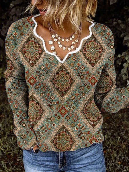 

V-neck Retro Clan Print Long-sleeved Sweater Pullover, Khaki, Sweaters