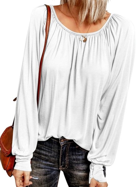 

Vintage Solido Girocollo Maniche Lunghe Casuale Top, Bianco, Blouses & Shirts