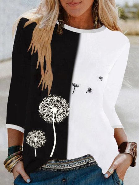 

Vintage Colore-block Dente di leone Stampato Girocollo 3/4 Manica taglia grande Casuale Top, Nero-bianco, T-Shirts