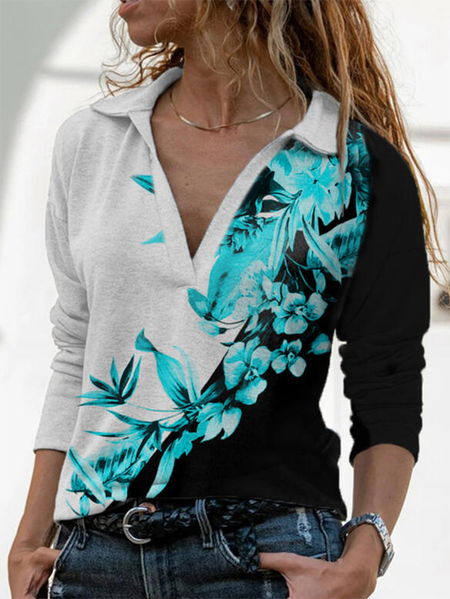 

Maniche Lunghe Vacanza Stampato Scollo a V Top, Blu, T-Shirts