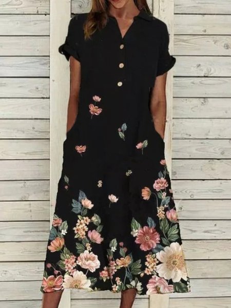 

Casuale Maniche Corte Floreale Tasche Abito, Nero, Midi Dresses