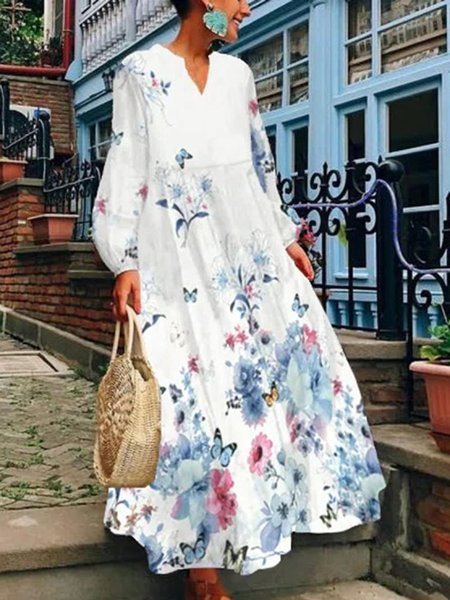 

Vintage Floral Casual Long Sleeve Dresses, White, Maxi Dresses