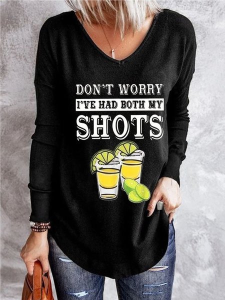 

Casual Long Sleeve Printed Letter T-shirt, Black, T-Shirts