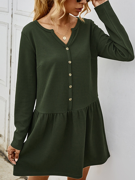 

Plain A-Line Long Sleeve Dresses, Army green, Casual Dresses