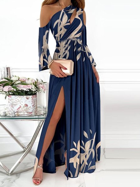 

Maniche Lunghe Asimmetrico Abito, Blu_scuro, Maxi Dresses
