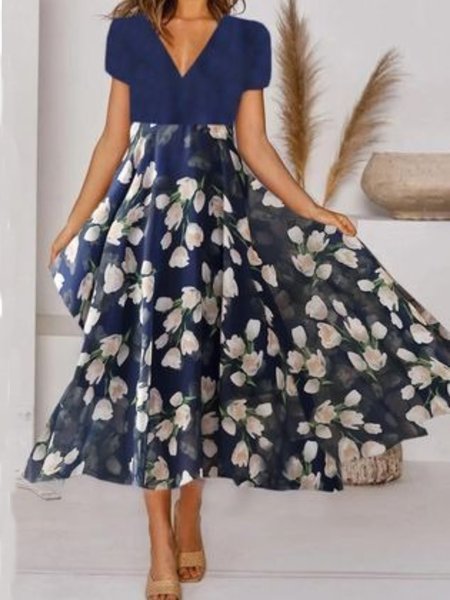 

Casuale Floreale Scollo a V Maniche Corte Abito, Blu marino, Midi Dresses