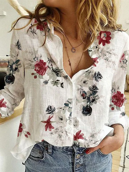 

Colletto a Camicia Maniche Lunghe Casuale Stampato Floreale Top, Multicolore, T-Shirts