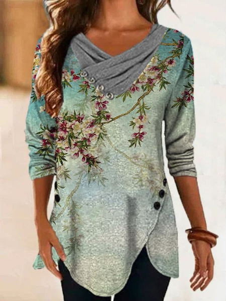 

Stampato Scollo a V Maniche Lunghe Casuale Top, Multicolore, T-Shirts