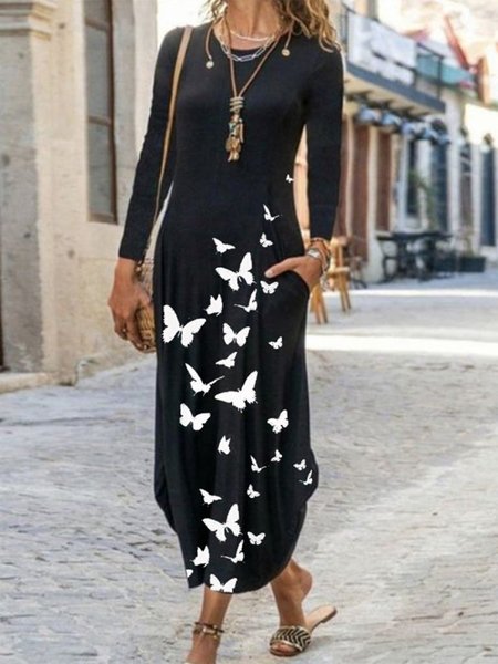 

Long Sleeve Crew Neck Butterfly Casual Dresses, Black, Casual Dresses