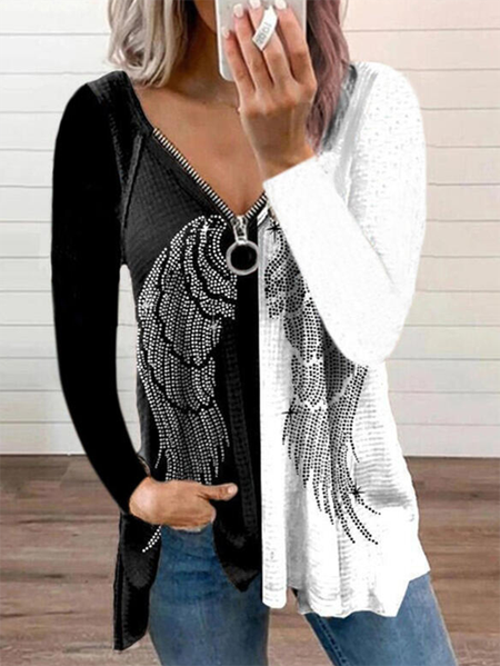 

Maniche Lunghe Misto Cotone Stampato Scollo a V Top, Nero, T-Shirts