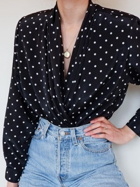 

Fall V neck Long Sleeve Lady Daily Date Tops, Black, Blouses and Shirts