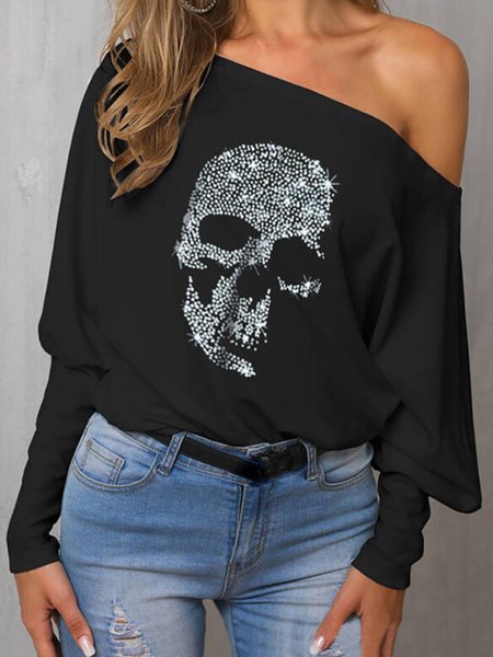 

One Shoulder Casual Long Sleeve Tops, Black, Blouses & Shirts