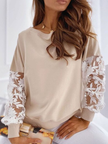 

Cotton-Blend Crew Neck Casual Plain Sweatshirt, Apricot, Hoodies & Sweatshirts