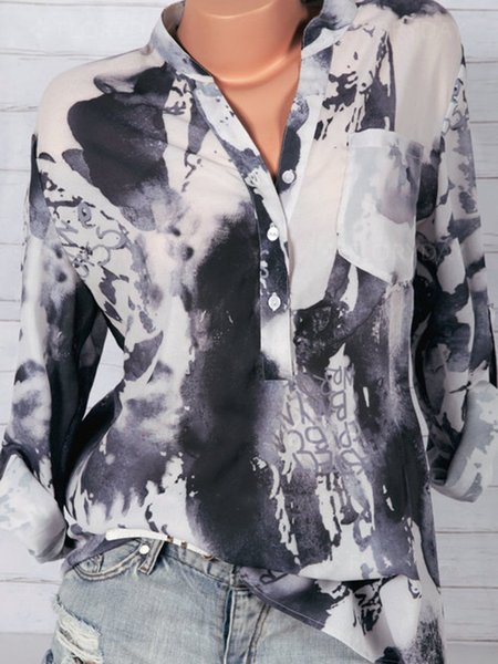 

Grigio Casuale Scollo a V Ombre/Tintura a nodi Stampato Maniche Lunghe Dritto Top, Tops