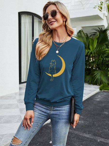 

Cat in the Moon Women‘s Long Sleeve Sweatshirt, Blue, Hoodies&Sweatshirts