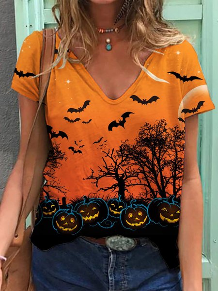 

Halloween Yellow Castle V Neck T Shirts Tops, As picture, T-shirts