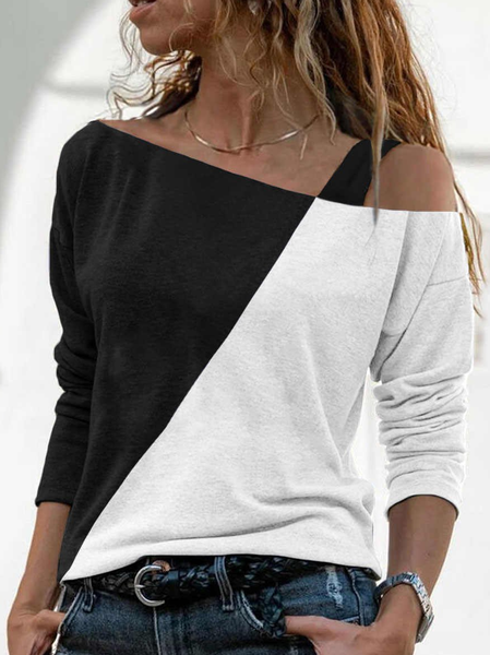 

Off Shoulder Casual Cotton-Blend Long Sleeve Shirts & Tops, White, Long sleeve tops