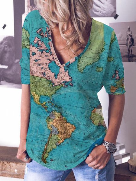 

Casual Long Sleeve Map Floral-Print Shirts & Tops, Blue, T-Shirts