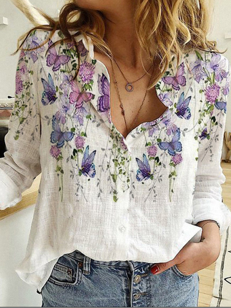 

Stampato Colletto a Camicia Maniche Lunghe Casuale Top, Bianco, T-Shirts