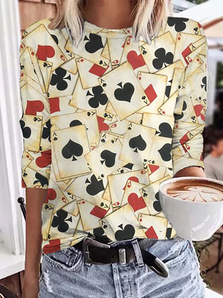

Plus size Poker Printed Long Sleeve Casual Shirts & Tops, Multicolor, Blouses & Shirts