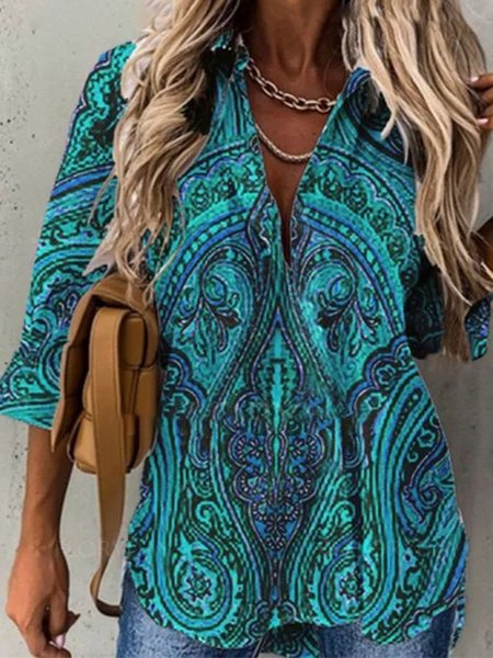 

Scollo a V 3/4 Manica Vintage Geometrico Stampata Floreale Casuale Top, Multicolore, Tops