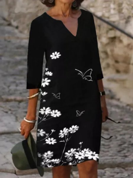 

3/4 Manica Scollo a V taglia grande Stampato Abito, Nero, Midi Dresses
