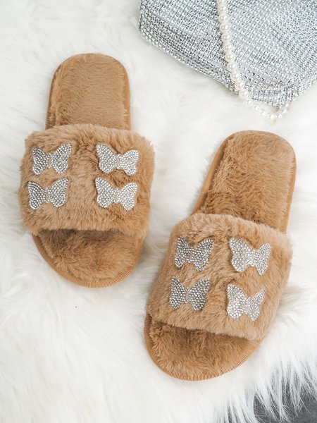 Rhinestone Butterfly Faux Fur Slipper, Brown, Slippers