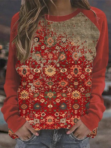 

Vintage Maniche Lunghe Geometrico Struttura Stampato Girocollo taglia grande Casuale Felpa, Rosso, T-Shirts