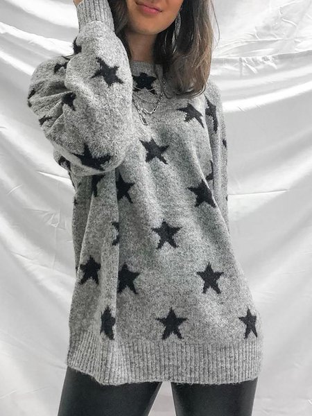Trendy Gray Star Printed Long Sleeve Round Neck Sweater, Sweaters