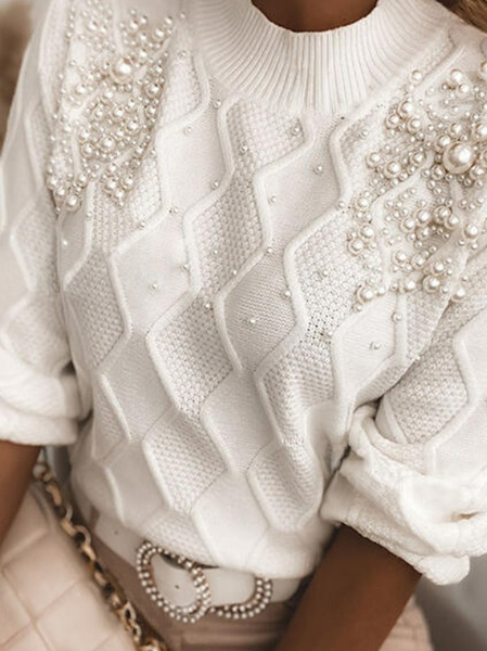 

Casuale Dritto Girocollo Maglione, Bianco, Sweater