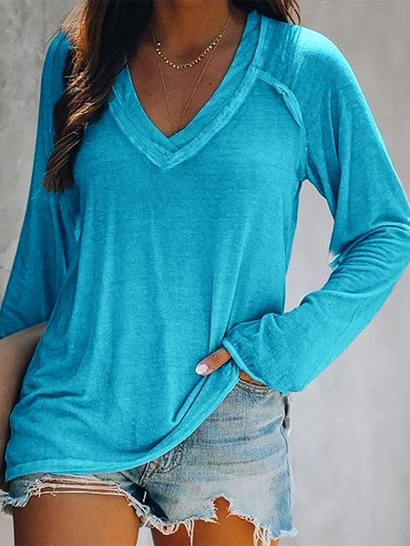 

Casual Solid Color V-neck T-shirt, Blue, Tees & T-shirts