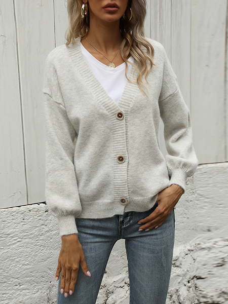 

Knitted Buttoned Plain Long Sleeve Sweater, Gray, Cardigans