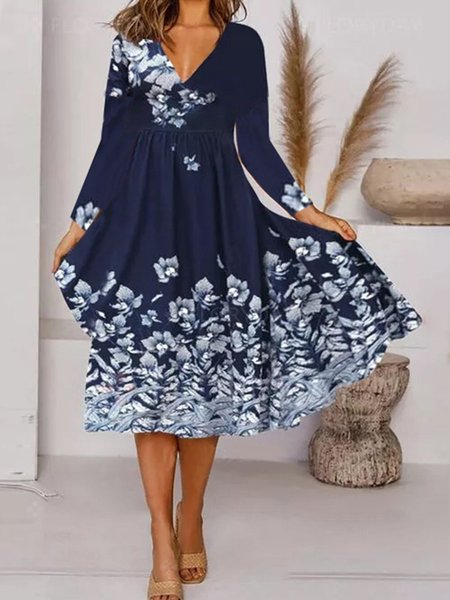 

Stampato Floreale Scollo a V Abito, Blu, Dresses