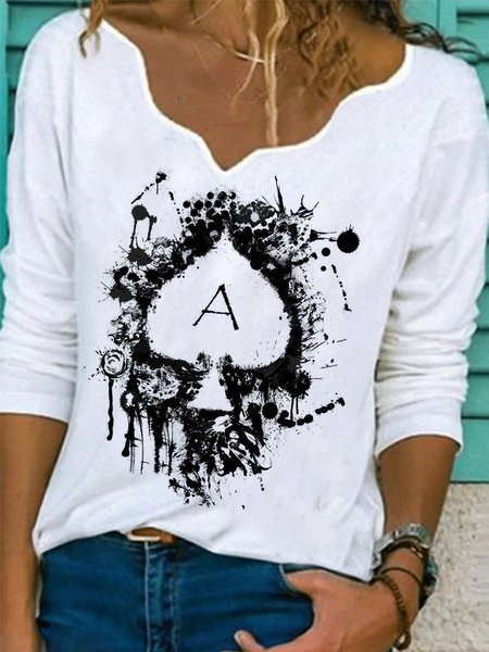 Semplice Scollo a V Maniche Lunghe Stampato Camicie & Top, Bianco, Tops