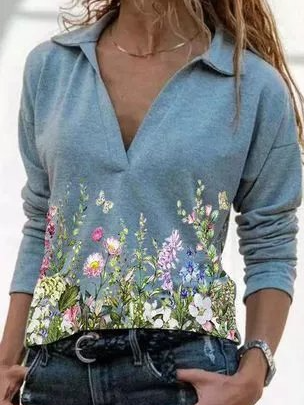

Floral Long Sleeve Shawl Collar Shift Cotton-Blend Shirts & Tops, Blue, Long sleeve tops
