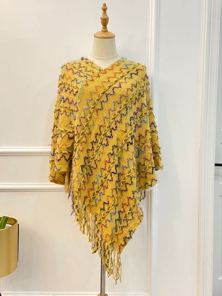 

Retro Ethnic Colorful Knitted Cape Shawl, Yellow, Scarves&Gloves
