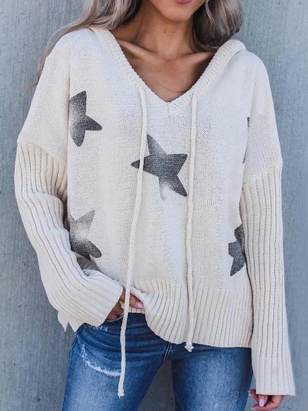 

Star Printed Side Slit Hem Long Ribbed Sleeve Hoodie Sweater, White, Sweaters & Cardigans